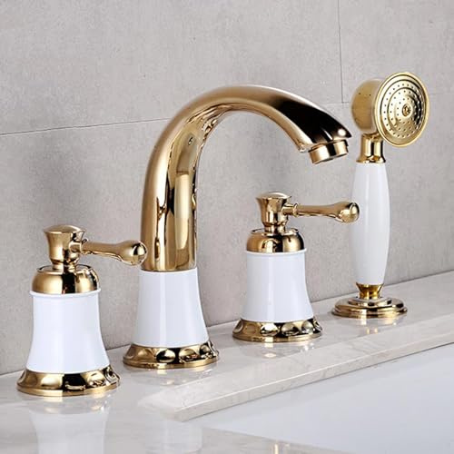 4 Loch Badewannenarmaturen Wasserhahn Bad für Waschbecken mit Dusche Kaltes und Heißes Einstellbar Messing Einzelgriff 360° schwenkbar Badewannen Duschmischbatterie Set Gold + Weiß