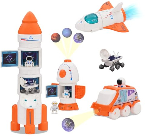 Space Shuttle Toy,Space Toys for Kids,Space Toy with Lights,Sounds,Projection and Spray,Rocket Ship & STEM Solar System Cards, Astronaut Figures, Space Rover,Birthday Gifts for Boys,Girls,Kids(Orange)