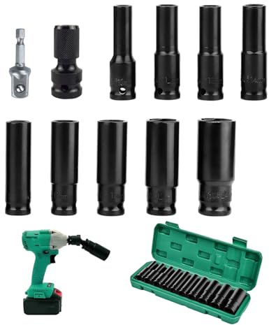 11 Pcs Deep Impact Socket Set with Driver Extension and Plastic Storage Box,10-24mm Metric Long Socket Set,Multifunction Hex Sets 1/2 Inch for Home Car Repair