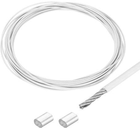 sourcing map Cuerda de alambre de 5 m, cable de acero inoxidable 304 de 1/24 pulgadas (1 mm) recubierto de vinilo con 2 fundas de aluminio para colgar, tendederos, levantamiento de ropa, color blanco