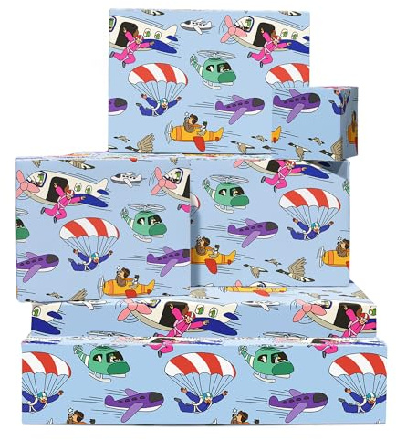Blått presentpapper – fallskärmhoppflygplan – 6 ark lila papper för födelsedag, jul, påsk, babyparty – för flickor, kvinnor, mödrar, vänner – med etiketter