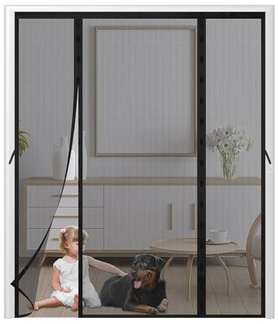 Fly Screen Door 175x195cm,Mesh Fly Door Curtain,Magnetic Polyester Double Door Screen,Mesh with Full Frame Hook & Loop,for Sliding Door Patio Door Keep Fly Bug Out,Pure Black