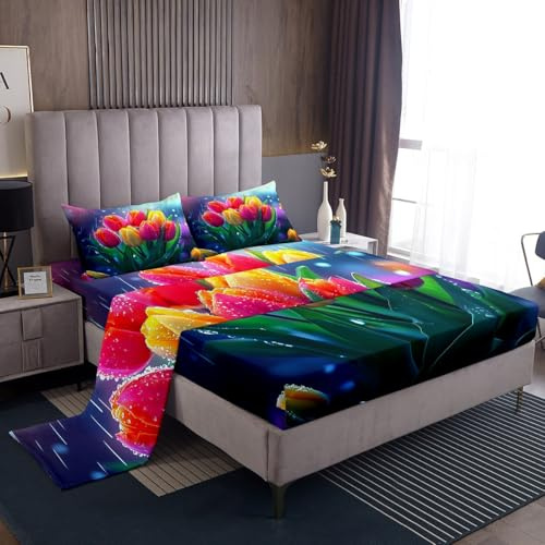 Set di biancheria da letto matrimoniale con tulipani primaverili ed estivi, per bambini, ragazze, adolescenti, donne, set di lenzuola con tulipani rosa giallo e rosa pastello, 1 lenzuolo con angoli, 1