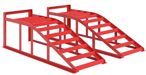 HOMCOM - Juego de 2 rampas de acceso para coche, Rampa de elevación de coche de acero, antideslizante, para el mantenimiento y reparación de vehículos, para garaje, casa, taller, rojo