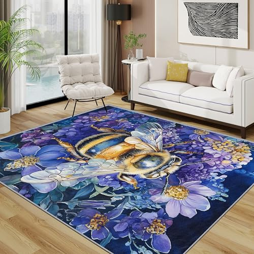 TerroVee Biene Teppich, Hummel Lila Blumen Kleiner Teppich, Insekt Floral Waschbar Kurzflor Weich Teppiche Eingangsbereich Innen Küche, 60x90 cm, Violett Gelb