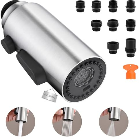 Metal Kitchen Faucet Head Replacement, 3-Function Pull Down Spray Head for Kitchen Faucet, High Pressure Sink Spray Nozzle with 9 Adapters Compatible with Most Faucets, Brushed Nickel