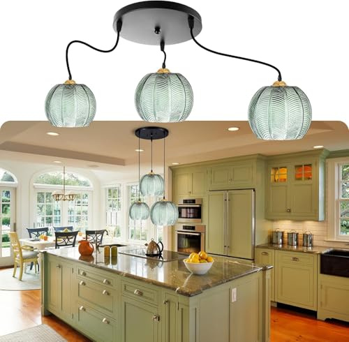 Pendelleuchte Esstisch Hängelampe, Pendelleuchte Glas 3-Flammige Esstischlampe, Grün Lampenschirm Höhenverstellbar Hängelampe Dekor Kronleuchter Modern Grün Glas Pendellampe für Esszimmer Küche