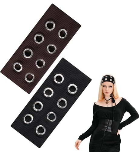 Lusofie 2pcs Bandeaux tricotés femme avec œillets métalliques creux - Bandeaux élastiques femmes Y2k Punk Grunge extensible - Bandeau cheveux décontracté extensible - Accessoires cheveux pour