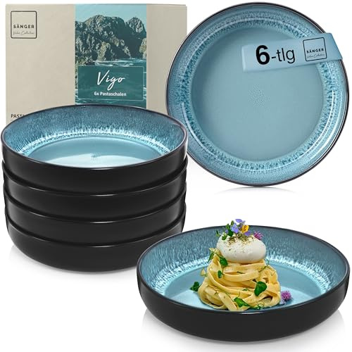 SÄNGER Vigo Steingut Pastaschalen 6 tlg, Nudel Schalen Set 6 Personen | Schüssel Set spülmaschinenfest mikrowellenfest kratzfest, große Schüssel blau mit schwarzem Rand 800 ml