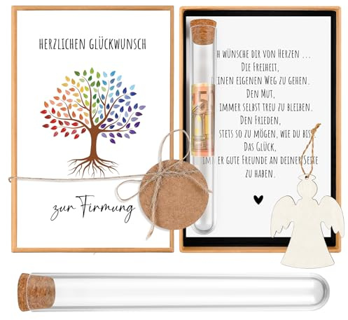 Hestya Geschenk zur Firmung Geldgeschenke für Jungen Mädchen, Lebensbaum | Karte zur Firmung Geschenke mit Reagenzglas Holz Engel, Firmung Geldgeschenke Verpackung