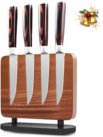 iutgin 4-Piece Serrated Steak Knife Set with Magnetic Knife Holder, Japanese High-Carbon Stainless Steel Steak Knife & Double-Sided Magnetic Knives Stand for Kitchen Counter