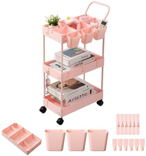 danpinera 3-Tier storage trolley, storage trolley on wheels, beauty trolley with Dividers & Hooks & Hanging Cups, kitchen trolley, storage cart for Kitchen, Make-Up, Bathroom, Office, Pink