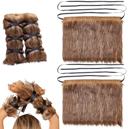 WADORN 1 par de disfraz de guerrero vikingo de Halloween, peludo de piel sintética para piernas, calentadores de brazos, zapatos largos y esponjosos, fundas para botas para Halloween, hombre, mujer