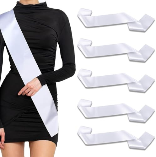 JYNXOR 5 Pcs Weiße Schärpe, Satin Leere Schärpe 160 x 9,5 cm Reinweißer Deko Schärpe für Damen DIY Satinschärpe für Junggesellenabschiede, Hochzeitsfeiern, Geburtstagsfeiern, Abschlussfeiern