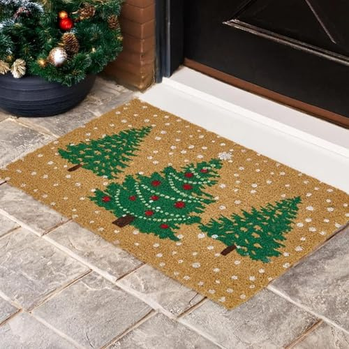 Marco Paul Heavy Duty Outdoor Door Mat 40x60cm Large Front Christmas Tree Welcome Mat Rubber Back Natural Coir Novelty Door Mats External Entrance Doormat for Floor Hallway Kitchens Living Rooms