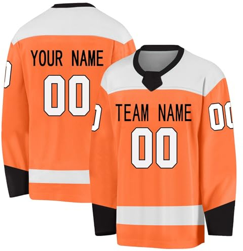 Hockey Jersey Custom Ice Hockey for Mens Personalized Name Number Hockey Jersey Long Sleeve Shirt for Fans Orange