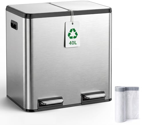 YEAUPE PRO Mülleimer Küche 40L (2x20L), 2 Fächer Mülltrennsystem Edelstahl | Treteimer mit Pedal, Doppel Abfalleimer mit Soft Close Deckel,Herausnehmbaren Inneneimern, Geruchsdicht, inkl.15 Müllbeutel