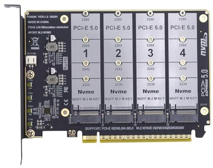 xiwai Adattatore SSD NGFF 4X NVME M-Key M.2 per scheda Raid PCIE Express 5.0 Gen5 Gen4 X16 con biforcazione staccabile VROC Raid0 Hyper