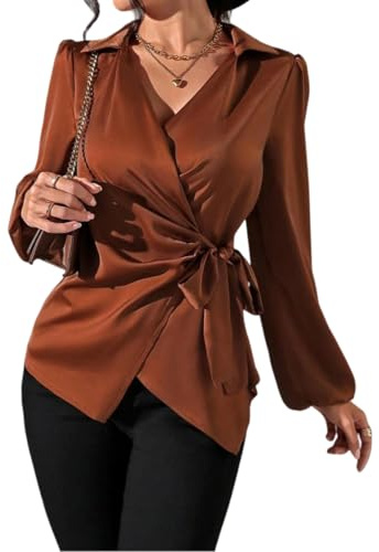 Camicia Donna Manica Lunga,Camicetta Da Donna In Raso Con Nodo Da Annodare, Manica Lunga A Sbuffo, Elegante, Da Lavoro, Primavera Autunno, Scollo A V, Colletto, Arricciato, Per Outfit Casual Quotidi