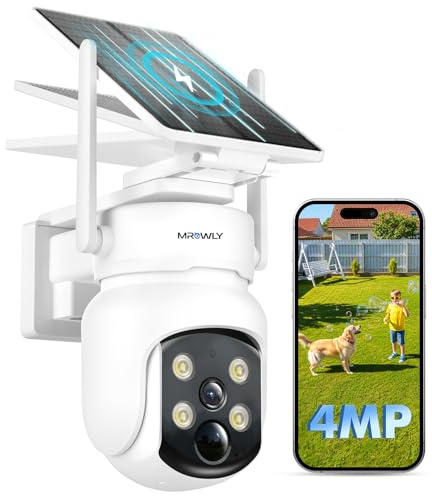 Mrowly Camara Vigilancia WiFi Exterior Solar 2 en 1, 4MP/2.5K Camara sin Cables, 360° Cobertura, Fácil Instalación, 2.4/5 GHz WiFi, Visión Nocturna en Color, PIR, SD/Nube