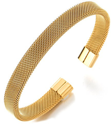 COOLSTEELANDBEYOND Elastico Regolabile, Oro Maglia Cavo Braccialetto del Polsino, Bracciale da Uomo Donna, Acciaio Inossidabile