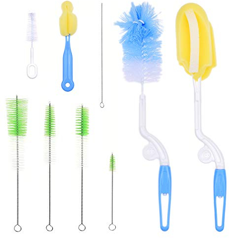 Baby Bottle Cleaning Kit - Set of 9 Cleaning Brushes for Cleaning Baby Milk/Water Bottles, Nipples, Caps, Straws, Tubes, etc. - Makes Your Bottle Sterilising Routine Easier - Safe Food Grade