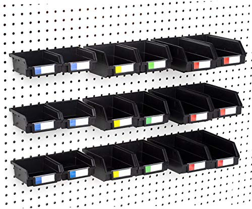 Stecktafel-Behälter – Set mit 18 Stück, schwarz – Haken an jedem Steckbrett – Organisieren Sie Hardware, Zubehör, Aufsätze, Werkbank, Garagenaufbewahrung, Bastelraum, Hobbybedarf, Kleinteile ..