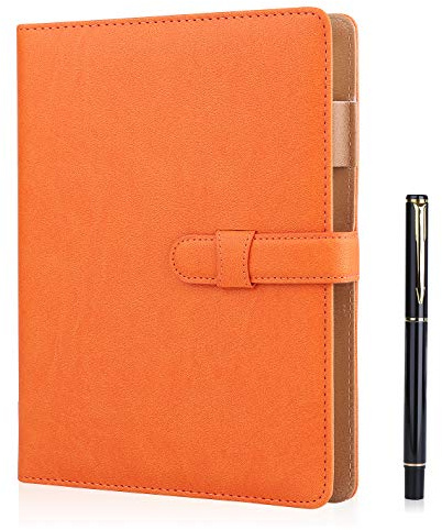 Minlna A5 Leder Notizbuch,Wiederbefüllbares Hardcover Notizbuch, 200 Seiten | Liniertes Notizbuch mit Tasche & Stifthalter, durchschlagsicheres 100gsm Papier für Männer, Frauen, Business, Büro（Orange）