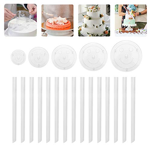 HvxMot Base per Torta, 5 Tavole per Dolci, Supporti per Torta (9/12/16/20/26cm), 15 Tasselli per Torta, Riutilizzabili per Torte Impilate a Più Livelli Che Decorano Festa di Compleanno di Matrimonio
