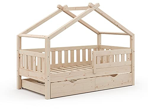 VitaliSpa Hausbett Design, Naturholz, 80x160 cm | mit Gästebett, geeignet als Spiel- und Schlafbereich für Kinder