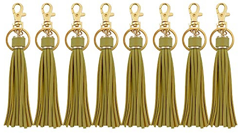 PAMIR TONG 5.9'' Mustard Leather Tassel for Purse with Golden Metal Caps 8pcs Lobster Swivel Keychain Tassels for Handbag Phone Car Key Jewelry DIY Crafts Jewelry Making