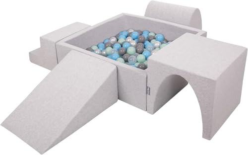 KiddyMoon Spielplatz Aus Schaumstoff Mit Quadrat Bällebad (200 Bälle) Ballgruben Für Babys Spielbad Hindernisläufen, Hergestellt In Der EU, Hellgrau:Perle/Grau/Transparent/Babyblue/Minze