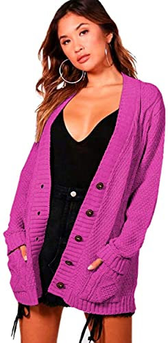 STAR FASHION Women's Open Front Five Button Grandad Cardigans Chunky Cable Knitted Long Sleeve Winter Tops Sweaters Jumpers Size | UK 8-26 | Fuchsia