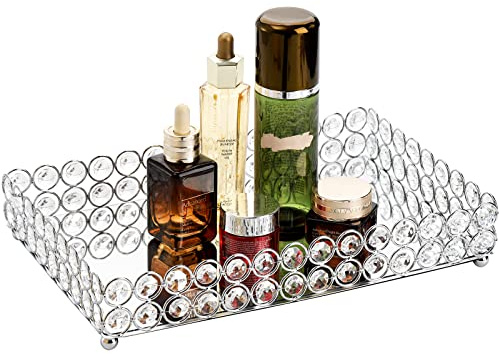 Hedume Crystal Cosmetic Mirrored Makeup Tray, 12.3 x 8, Large Jewelry Organizer, Ornate Decorative Vanity Tray for Dresser, Countertop, Wedding, Home, Bathroom