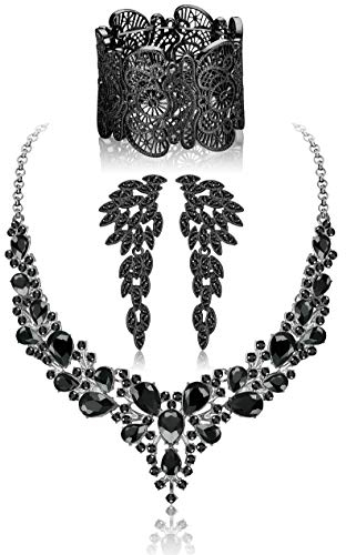 Kakonia Kristall Braut Hochzeit Schmuck Set für Frauen Strass Halskette Ohrringe Armband Brautjungfer Braut Zubehör Schmuck Schwarz