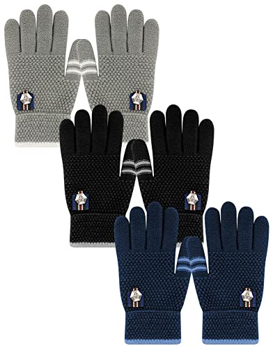 PKWEEN Winter Gloves for Toddler Kids - 3 Pairs Boys Girls Soft Warm Wool Lined Gloves Full Finger Children Thermal Knit Gloves (Black/Navy/Grey, 1-5 years old)