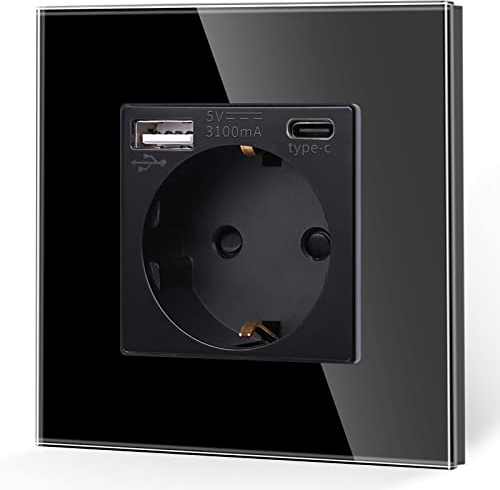 JIMEIDA Einzelsteckdose mit USB 20W Schnelles Laden Schwarz,16Amp Glas Schuko Steckdosen USB A und Typ C Port,Unterputz 86mm,250V,1 Fach