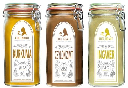 Goldene Milch BIO Gewürzset | EDEL KRAUT - BIO Kurkuma & Ceylon Zimt & Ingwer im Premium XXL Glas - 100% naturreine Gewürze aus kontrolliert biologischem Anbau