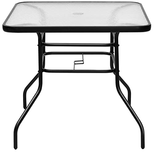GiantexUK Garden Table, 80 x 80CM Square Glass Patio Dining Table with Parasol Hole, Bistro Coffee End Side Table for Indoor Outdoor