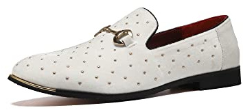 LCQL Mens Black and Gold Loafers Shoes Classic Oxford Modern Business Shoes Slip on Flat Slippers K12 White Size 11