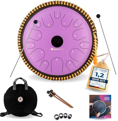 Sonodrum Tongue Drum Exclusive Do mayor en lila - diámetro 38cm y 15 notas. Steelpan con libro de música, bolsa y mazos. Instrumento de percusión Handpan para niños y adultos. Para meditación y yoga