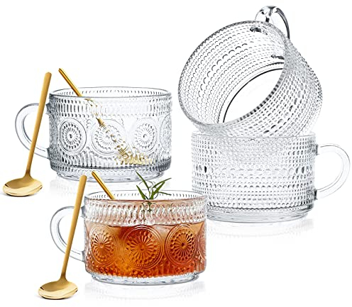Vintage Glass Coffee Mugs Set of 4, Glass Cups with Spoons - 14oz Clear Embossed Drinking Glasses, Stackable Breakfast Cups, Drinking Glasses for Cappuccino, Latte, Milk, Hot or Cold Beverages