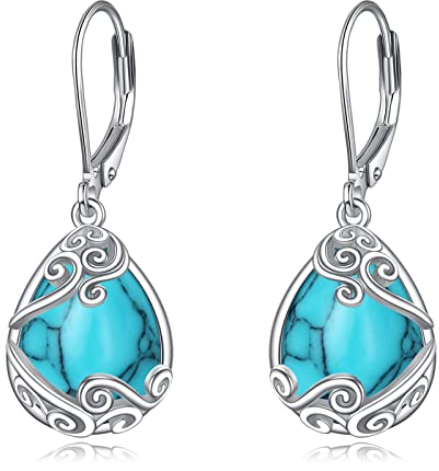Türkis Filigran Ohrringe für Damen 925 Sterling Silber Filigran Mondstein Tropfen Ohrringe Leverback Schmuck Geschenke (G-Türkis Filigran)