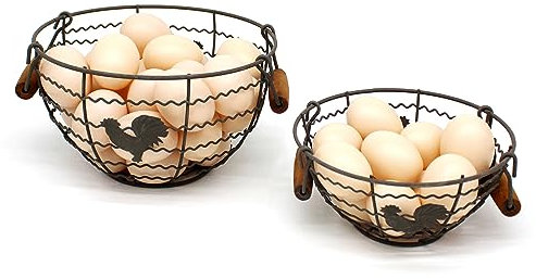 CVHOMEDECO. Round Wire Egg Baskets Rustic Fruit Baskets with Wooden Handles Farmhouse Collecting Basket. Rusty, Set of 2