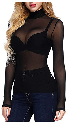 MQYXGS Camiseta de manga larga para mujer, camisas de malla, blusas transparentes, blusas transparentes, blusas transparentes, con corte estrecho, blusa de manga larga con cuello alto
