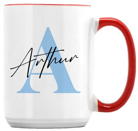 Getagift Personalised Marble Mug with Initial & Name - 15oz Coffee Mug (Red Inside)