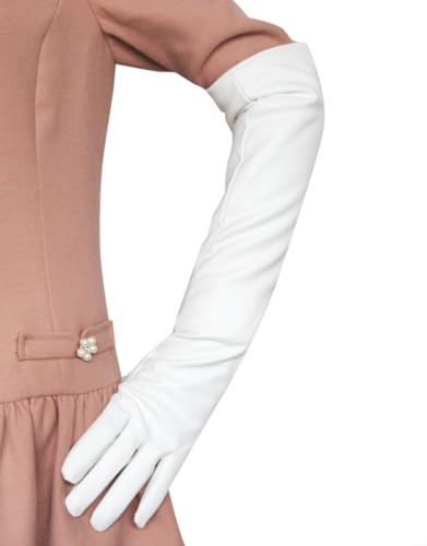 budiniao Bequeme lange Handschuhe aus PU Leder für Damen, einfach zu kombinieren, modisch und elegant, breite Anwendung, feine Verarbeitung, Weiß, L