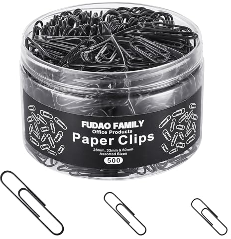 FUDAO FAMILY 500pcs Paper Clips Assorted Sizes, Small, Medium and Large(1.1inch, 1.3inch and 2inch Paper Clips, Vinyl Coated Paperclips for Office, School, Home Supplies (Black)