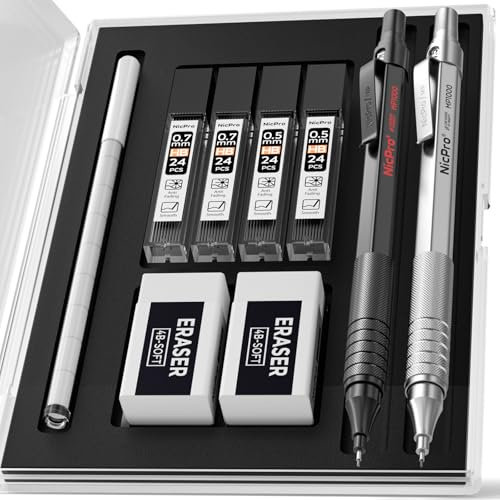 Nicpro 2 matite meccaniche da 0,5 e 0,7 mm con custodia, set matite artistiche in metallo MP1000 con 4 tubetti di ricariche di piombo HB, 2 gomme, 9 ricariche di gomma per scrittura artistica, disegno