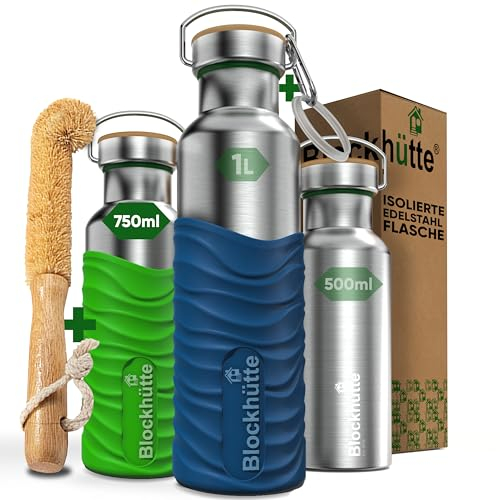 Blockhütte Edelstahl Trinkflasche 750ml I Wasserflasche Kohlensäure geeignet I Auslaufsicher, BPA-Frei Metall Thermosflasche mit Silikonmantel I Isolierflasche für Kinder, Erwachsene, Sport